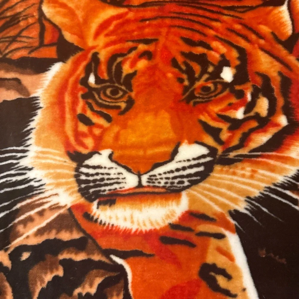 Large Korean Mink Animal Tiger Print Vintage 90s Plush Blanket 75x90 Heavy Black